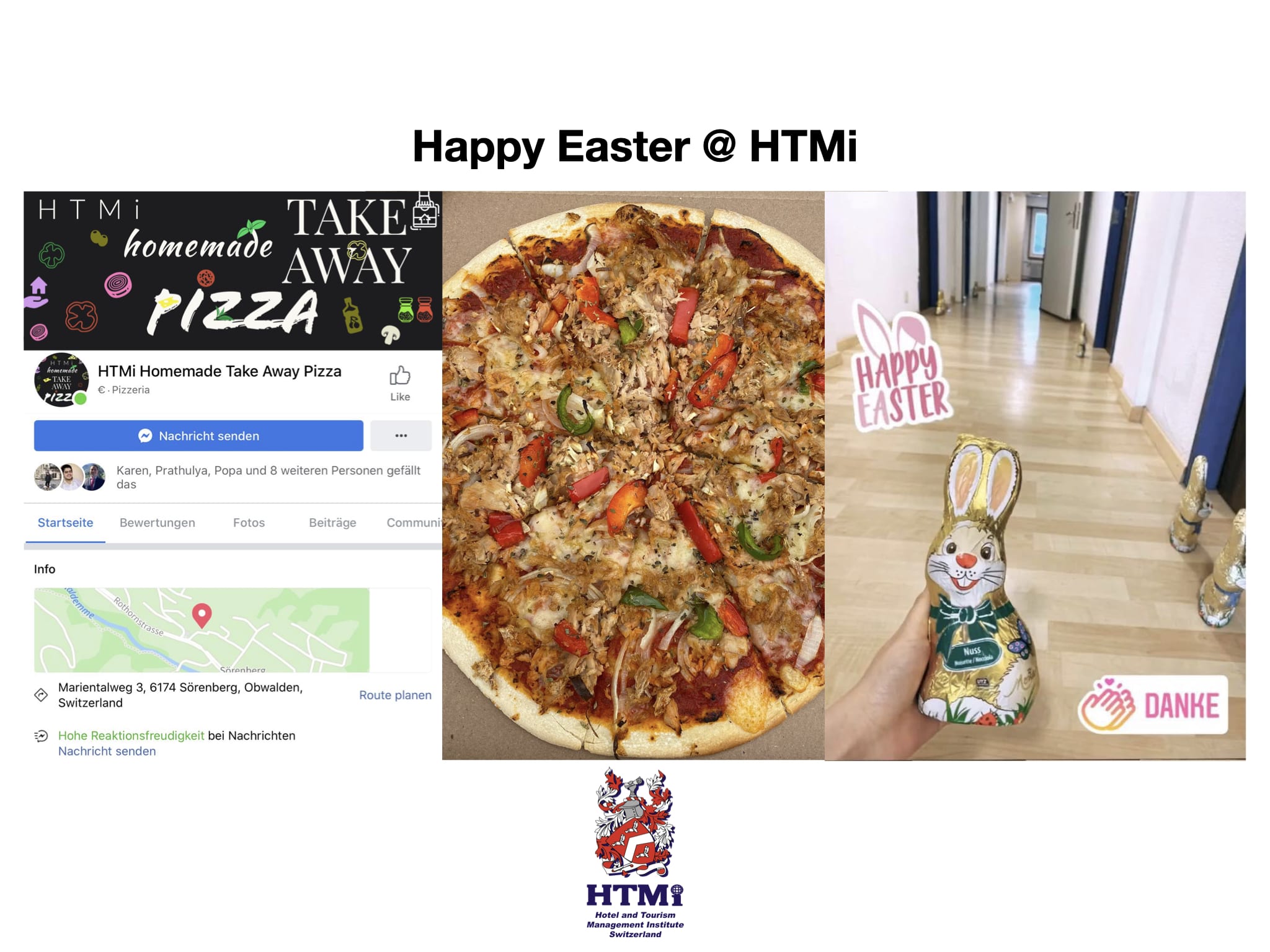 To support our students to enjoy Easter, and life at HTMi, our Student Services and Culinary Centres developed a takeaway pizza service for students on campus, and soon we will add French Fries and Kebabs to the menu. Ordering is simple on Facebook and by calling. On Easter Sunday our students woke up to a chocolate Easter Bunny waiting for them on their doorstep. We wish everyone a happy Easter from beautiful HTMi in the Swiss Alps Best wishes from HTMi for Easter
