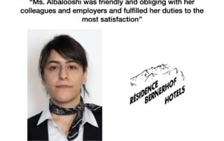 Miss. Zainab Ali Saleh Albalooshi, Kitchen trainee at the Residence & Bernerhof Hotels in Wengen, Bernese Oberland.