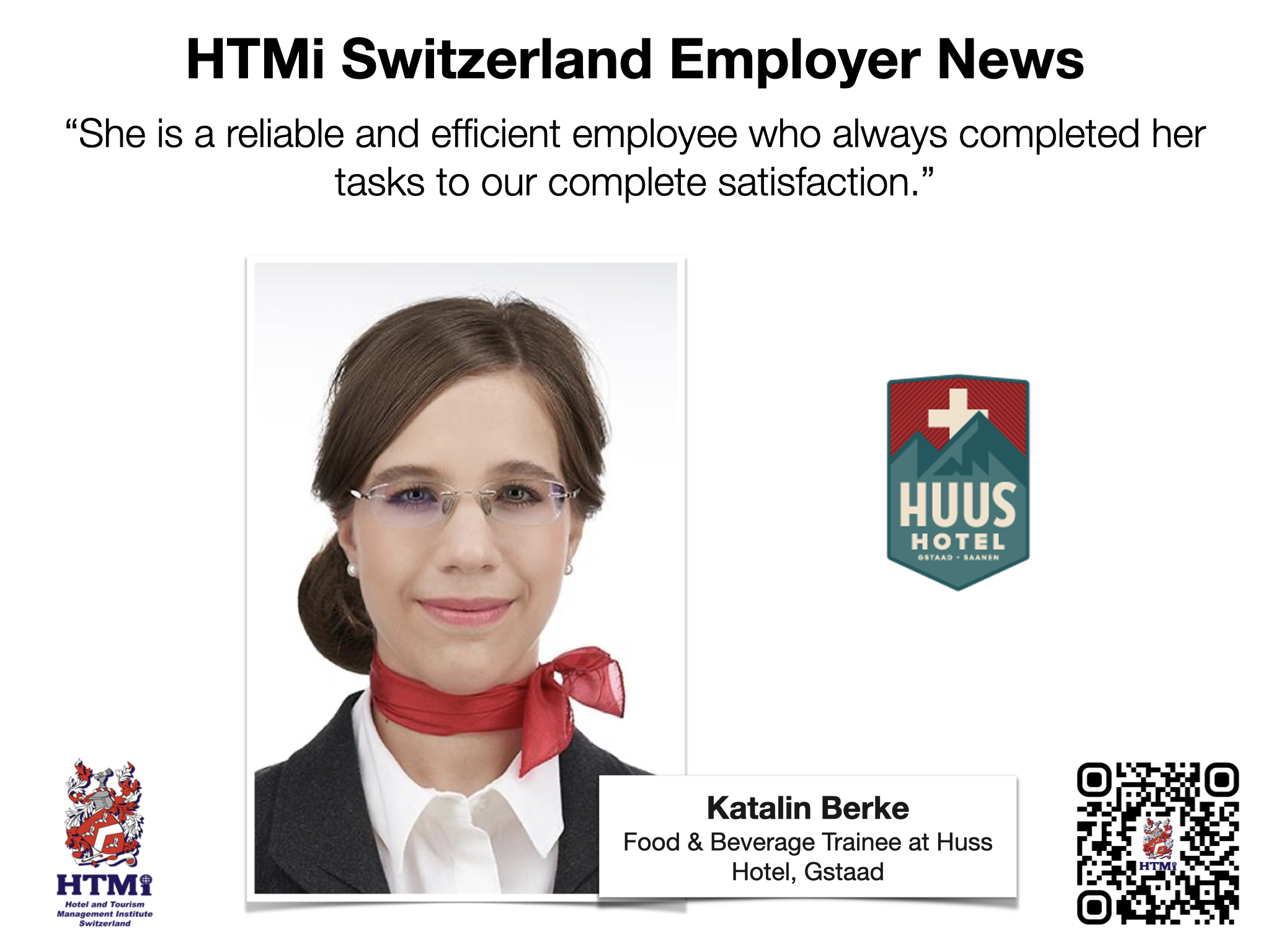 Katalin Berke - Food & Beverage Trainee at Huss Hotel, Gstaad - HTMi Switzerland Employer News