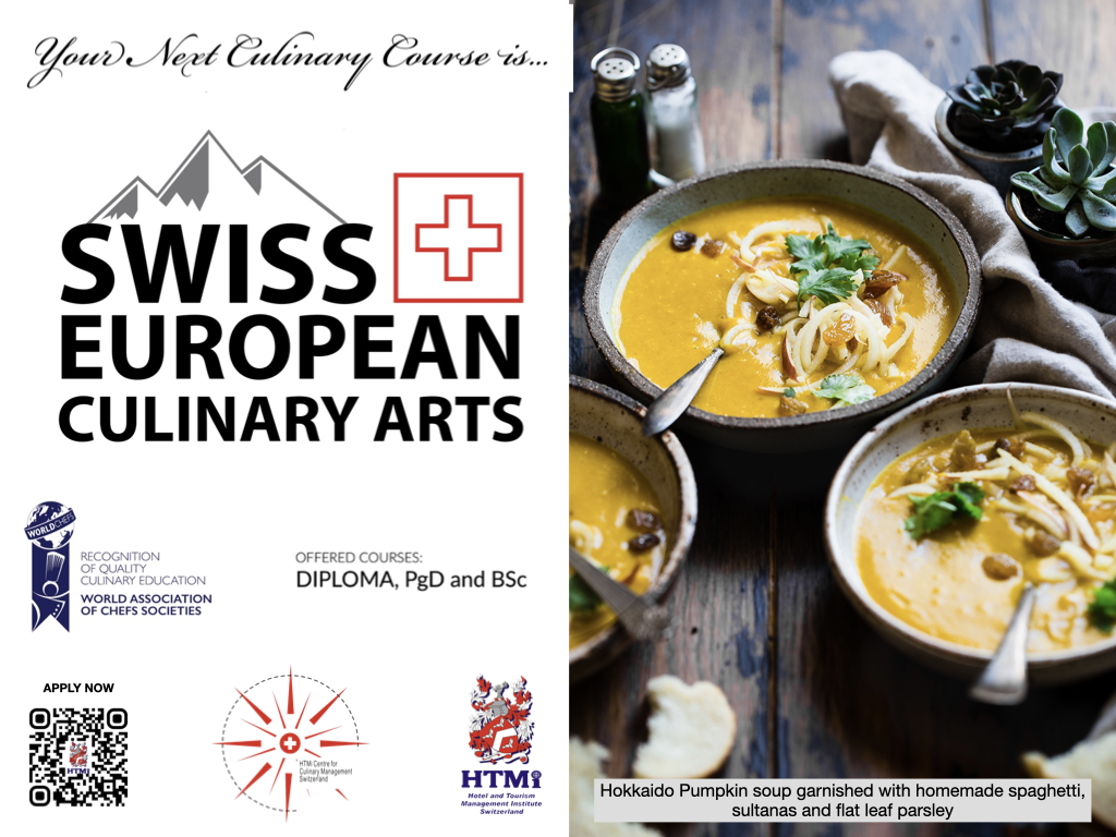 Your next Culinary course at HTMi Switzerland is Hokkaido Pumpkin soup garnished with homemade spaghetti, sultanas and flat-leaf parsley.