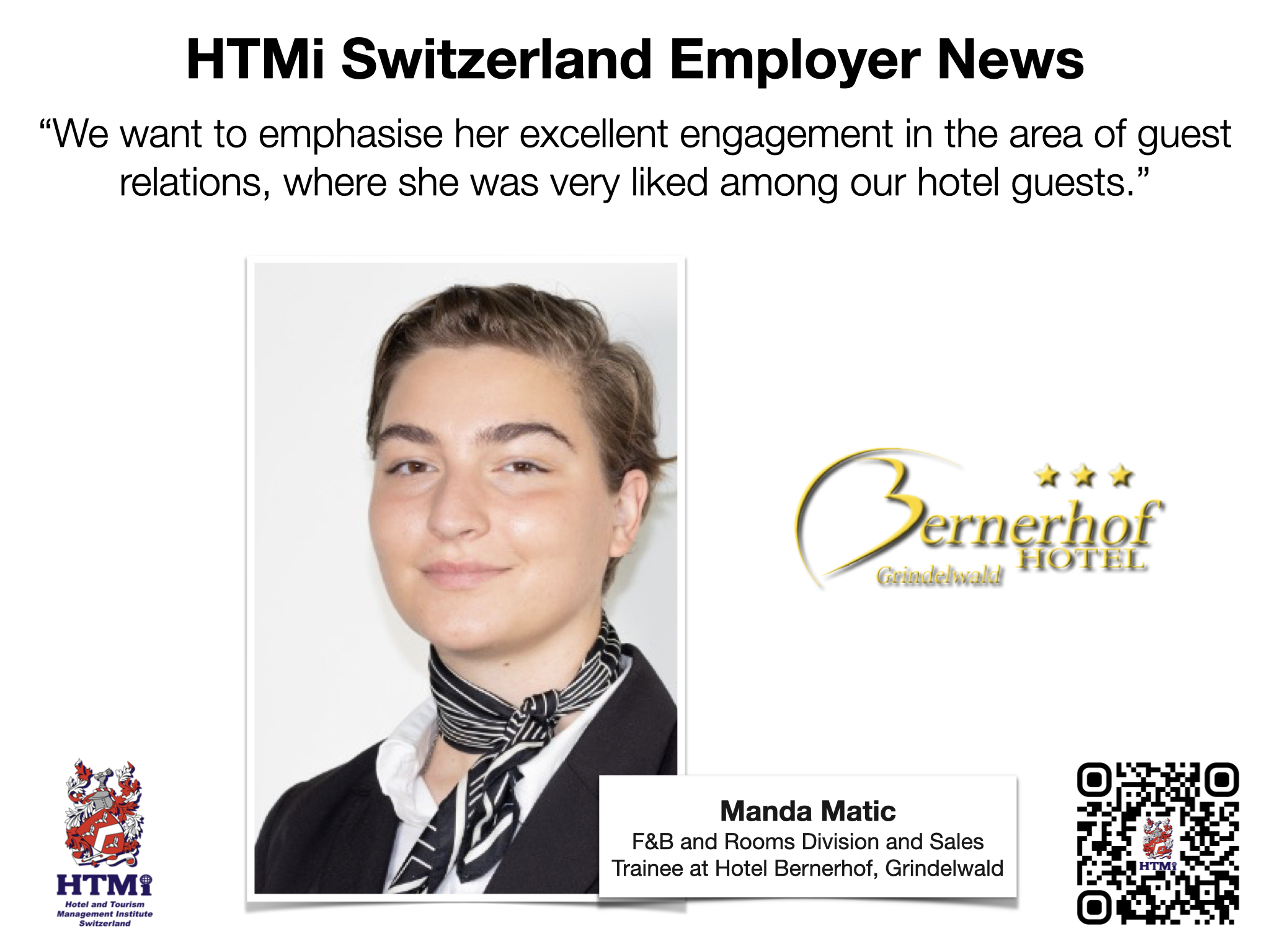Manda Matic - F&B and Rooms Division and Sales Trainee at Hotel Bernerhof, Grindelwald - HTMi Switzerland Employer News