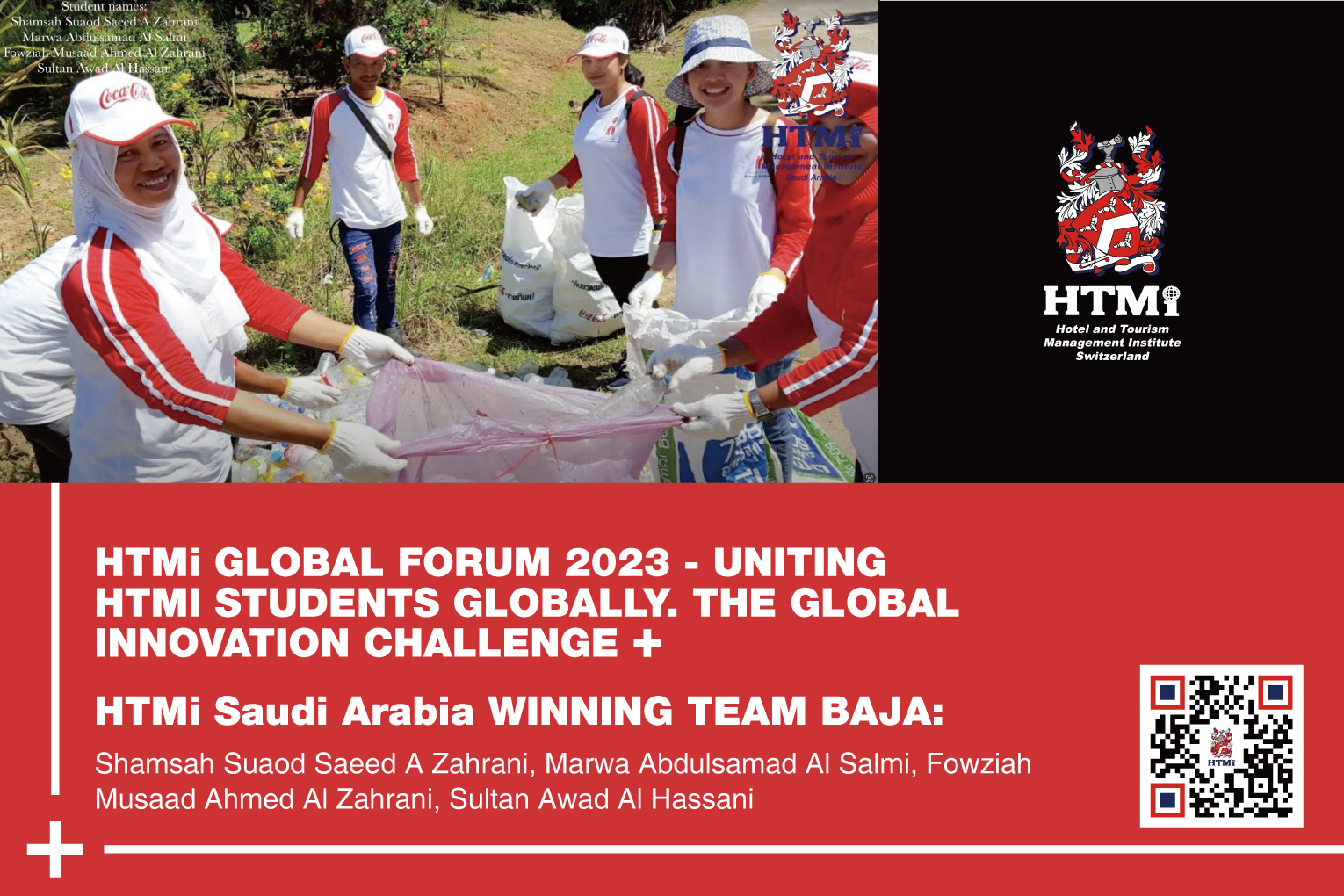 Uniting HTMi Students Globally – The Global Innovation Challenge HTMi Global Forum 2023 – HTMi Saudi Arabia Winning Team Shamsah Suaod Saeed A Zahrani, Marwa Abdulsamad Al Salmi, Fowziah Musaad Ahmed Al Zahrani, Sultan Awad Al Hassani