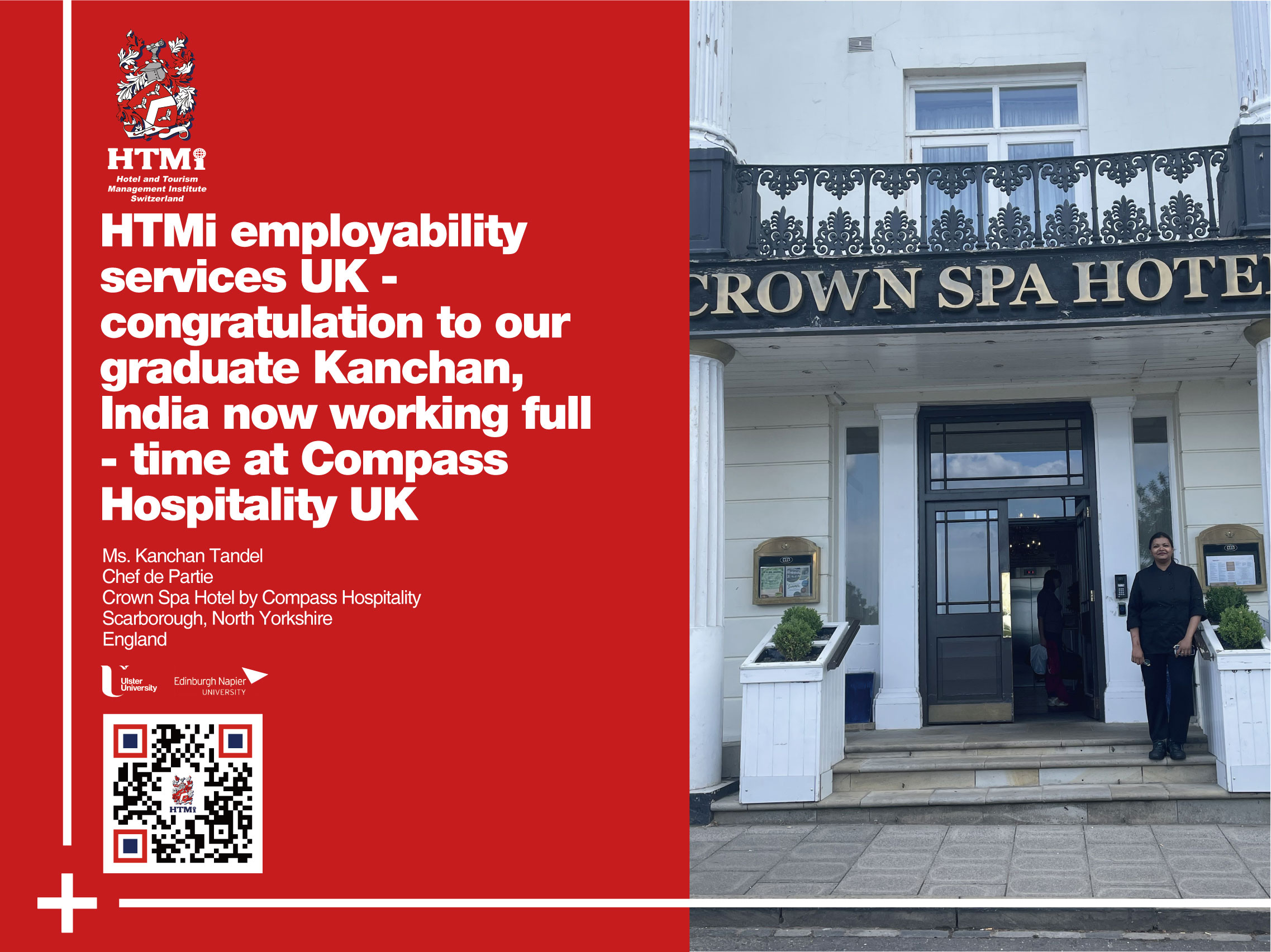 HTMi employability services UK - congratulations to our graduate Kanchan, India now working full-time at Compass Hospitality UK
