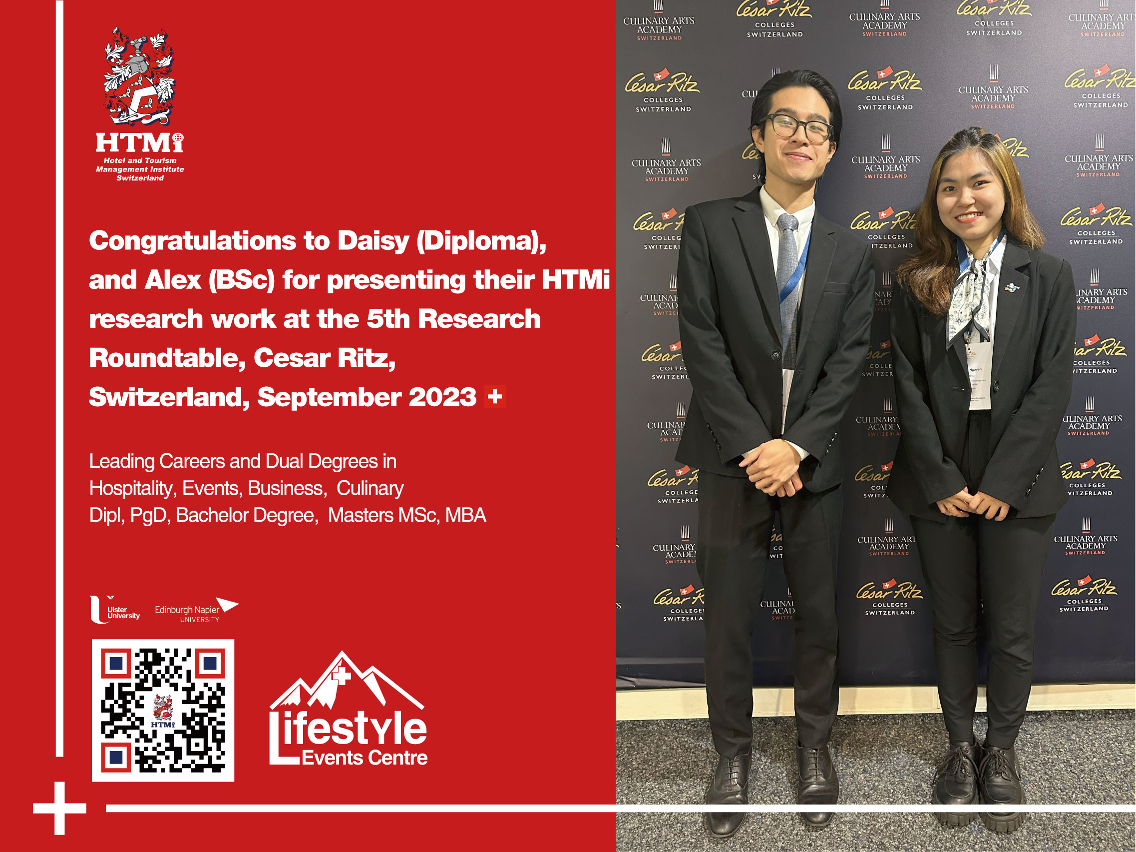 Congratulations to Daisy (Diploma), and Alex (BSc) for presenting their HTMi research work at the 5th Research Roundtable, Cesar Ritz, Switzerland, September 2023