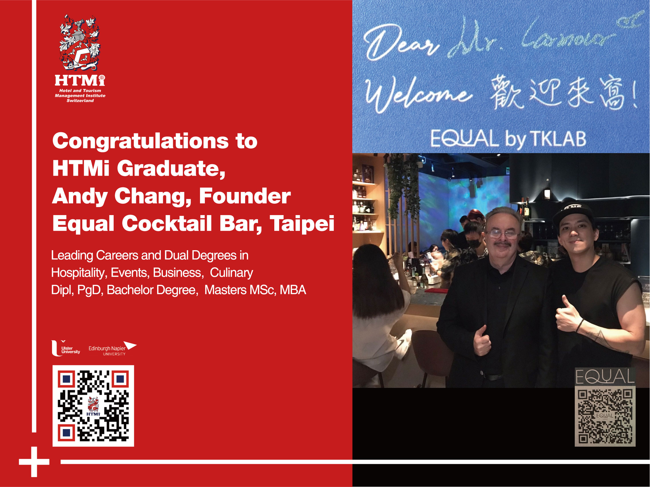 Congratulations to HTMi Graduate, Andy Chang, Founder Equal Cocktail Bar, Taipei